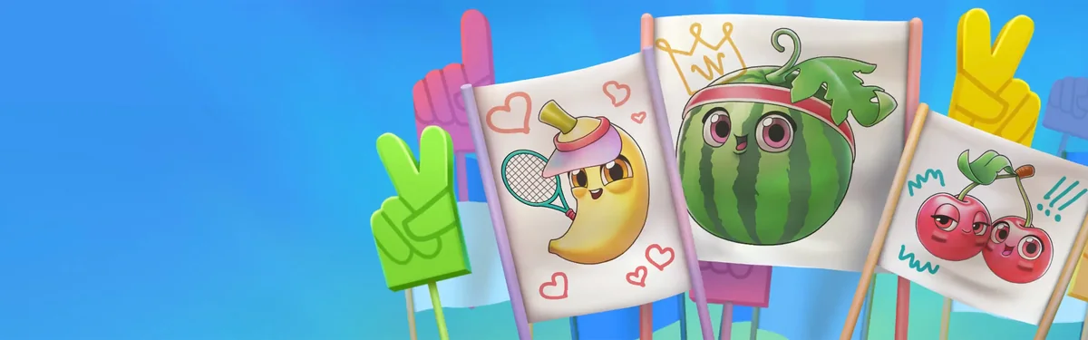 Nomini sportsbook banner with the brand's fruit mascots holding fan flags